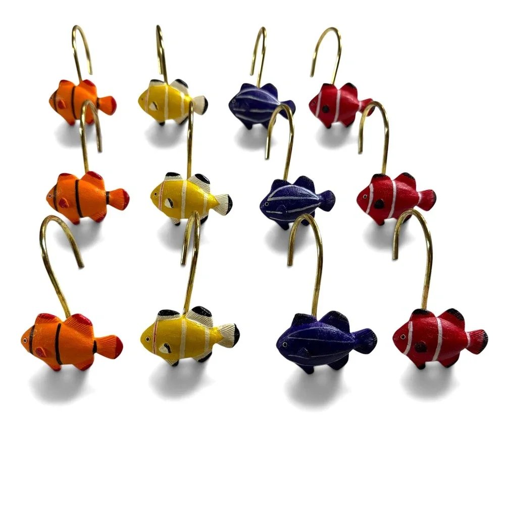 Tropical Fish Shower Curtain Hooks Set of 12 Multi Color Resin Coastal Bathroom